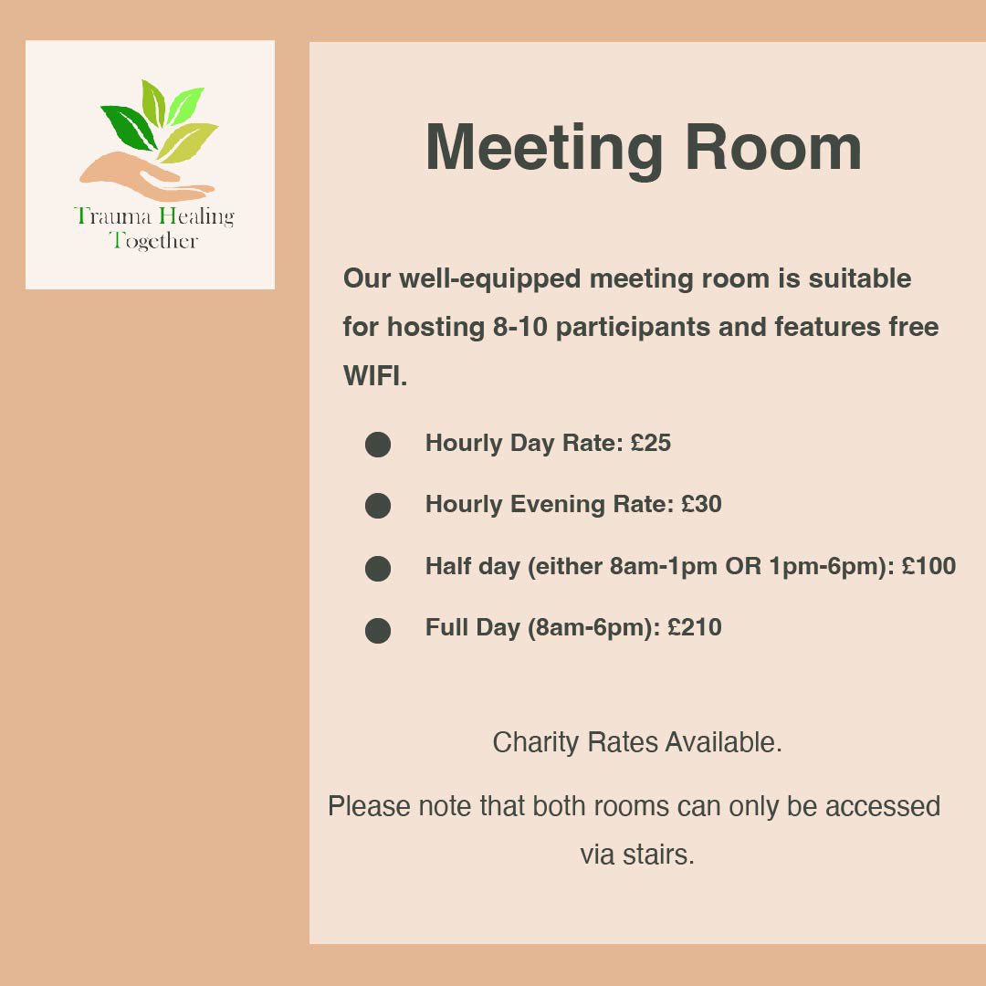 🏠 Room Hire 🏠 

Hire the rooms to support us. Every penny is going to help people who are suffering from trauma.

To check it out :
traumahealingtogether.org/room-hire 

DM for more information!
#room #roomhire #perth #traumahealing #traumarecovery #charity #trauma #healing #mentalhealth