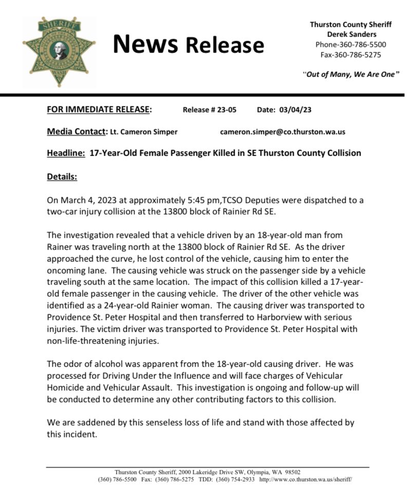 17-Year-Old Female Passenger Killed in SE Thurston County Collision.