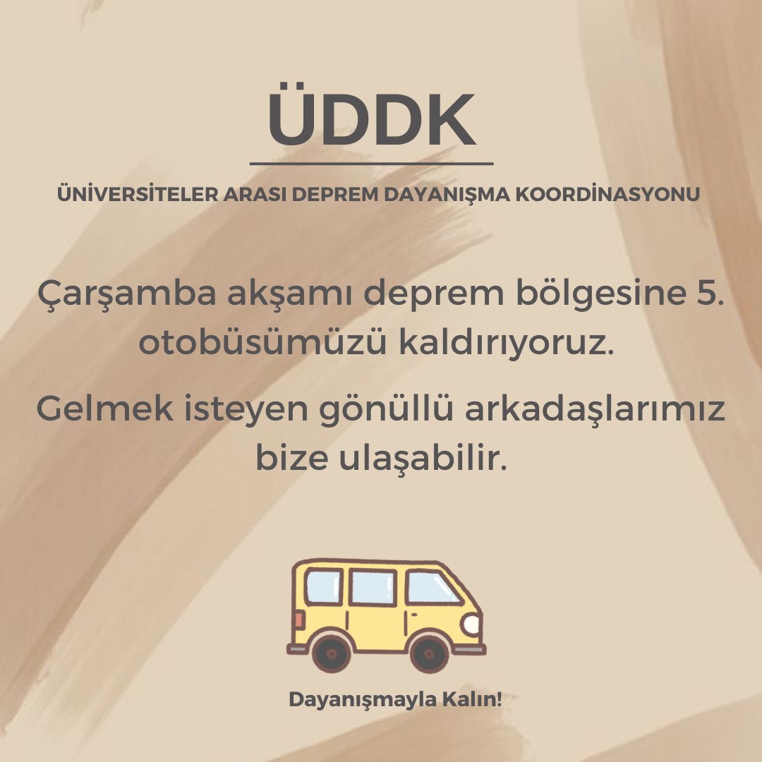 uniDepremK's tweet photo. 📣Çarşamba akşamı deprem bölgesine 5. otobüsümüzü kaldırıyoruz.

👉🏻Gelmek istiyorsan bize ulaş! https://t.co/yQaYBDlRqR