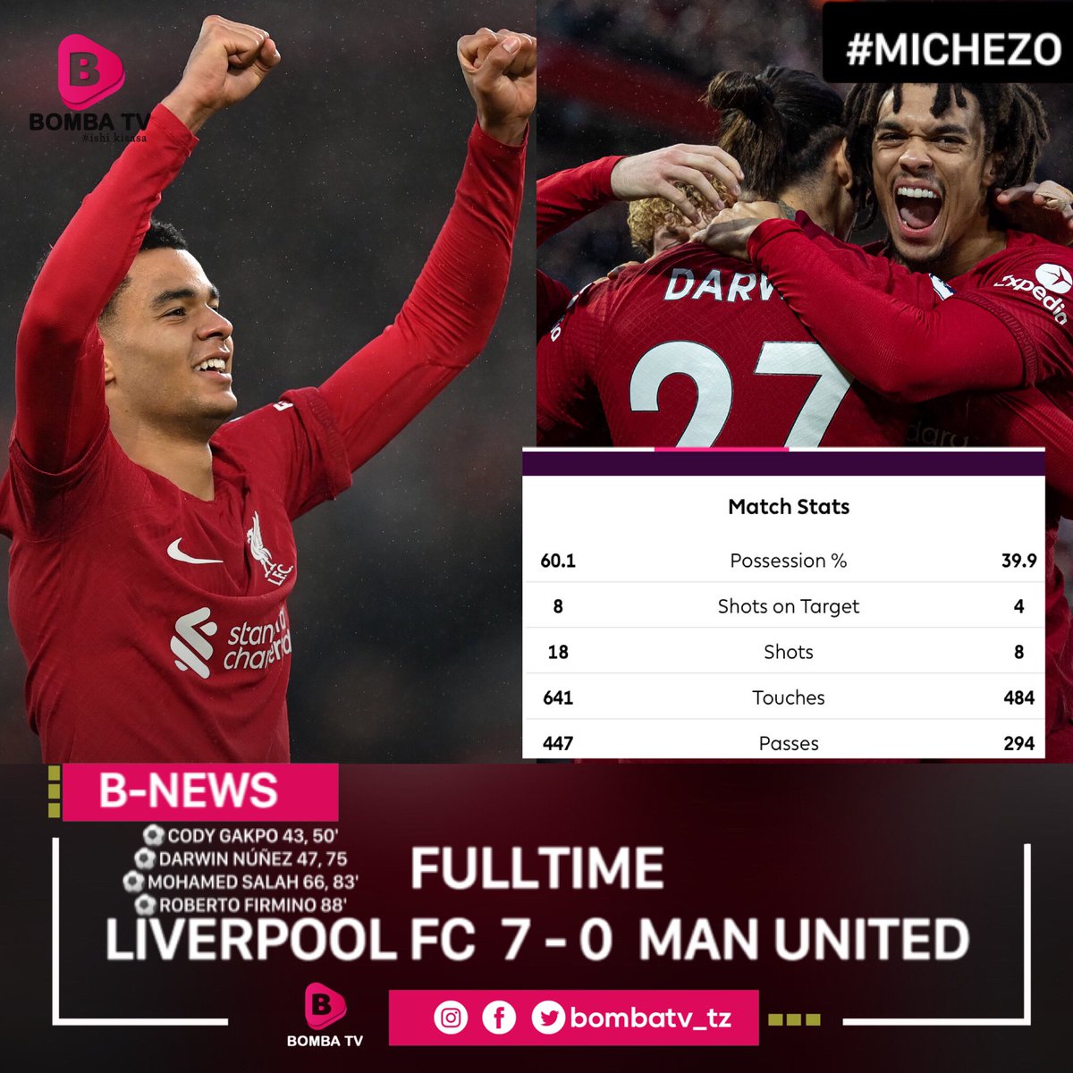 Bombatv_tz's tweet photo. #Bombatvupdates; Mchezo umekamilika mtanange mkali ukishuhudiwa kwa timu zote kupambana na hatimaye klabu ya Liverpool Fc kufanikiwa kuibuka na ushindi mnono wa bao 7-0.
Hii inaitwa wiki mtu kapigwa jumatatu - jumapili.
Drop๐ฅ๐ฅ๐ฅ๐ฅ๐ฅ๐ฅ๐ฅ kama umefurahi matokeo haya. https://t.co/Y4qDHe18BP