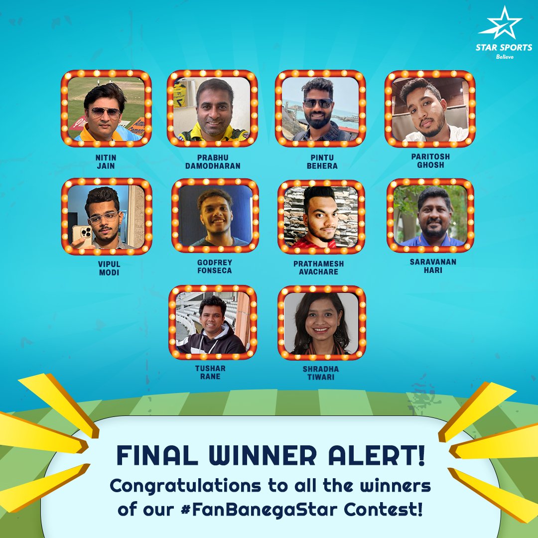 StarSportsIndia's tweet photo. BIG SHOUT-OUT to all the fans that participated in the #FanBanegaStar contest! 💃

🥂 To all the winners- we’re excited to have you feature alongside your favorite cricketer in a Star Sports ad! Stay tuned!

P.S. The contest is closed, but the love of fans has been unlocked! 🔥 https://t.co/SPQi2opLbY