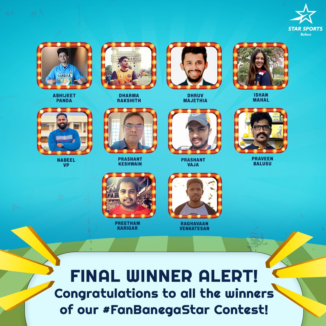 StarSportsIndia's tweet photo. BIG SHOUT-OUT to all the fans that participated in the #FanBanegaStar contest! 💃

🥂 To all the winners- we’re excited to have you feature alongside your favorite cricketer in a Star Sports ad! Stay tuned!

P.S. The contest is closed, but the love of fans has been unlocked! 🔥 https://t.co/SPQi2opLbY