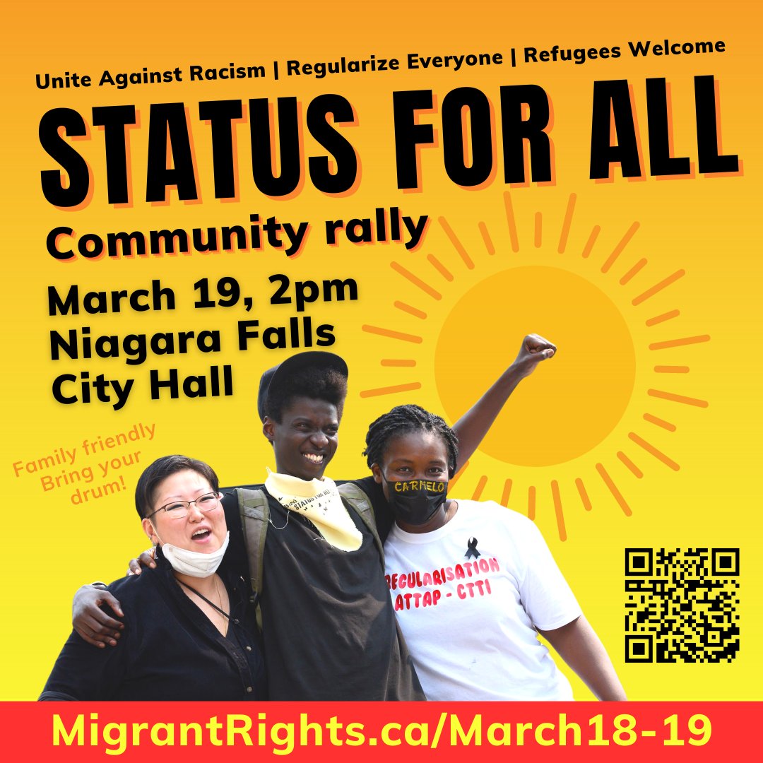 Want to show support for our migrant & refugee neighbours in #Niagara?

We're building a community movement where everyone has equal rights & that means #StatusForAll

📣Rally with us on March 19: migrantrights.ca/events/march18…

#RefugeesWelcome #RegularizeEveryone #UniteAgainstRacism