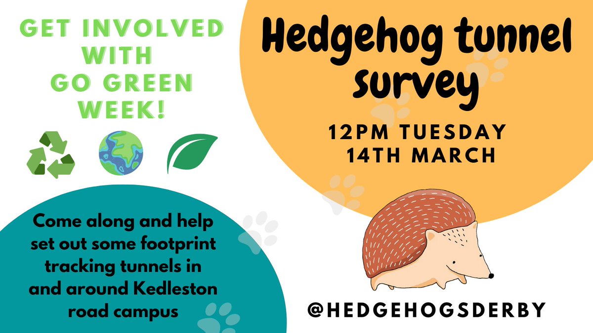 HedgehogsDerby's tweet photo. Only 1 week left till #GoGreenWeek! ♻️🌎🍃

Make sure to get involved with all the eco activities taking place during the week:
https://t.co/c00PyqOpAT

Join us on Tuesday 14th March, at 12pm, in surveying hedgehogs, by helping set up some footprint tracking tunnels! 🐾🔎🦔 https://t.co/veeQ2QLPgk