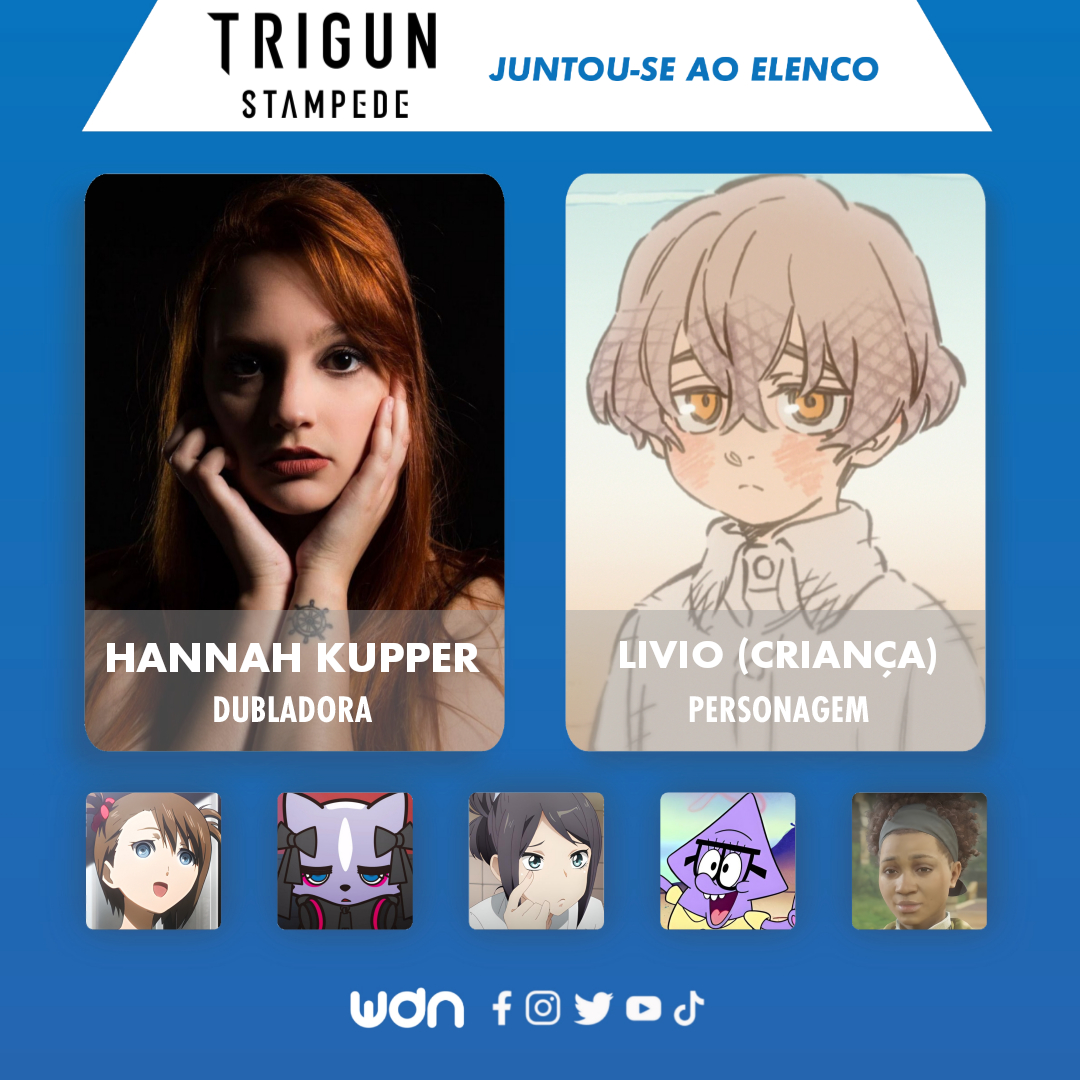 WDN - World Dubbing News on X: 🌪️ Novos dubladores juntam-se ao elenco de  'TRIGUN STAMPEDE' •Manuela Origuella como Nicholas D. Wolfwood (criança) •  Hannah Kupper como Livio (criança)  / X