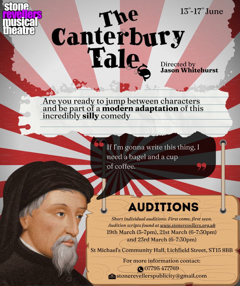 📋 🚨 A U D I T I O N S 🚨 📣

Audition Pack for The Canterbury Tales is now available: stonerevellers.org.uk/auditions

We welcome new and returning members with open arms. 

Auditions and Performances to be at St Michael’s Hall, Stone, Staffordshire, ST15 8BB

Amateur production*