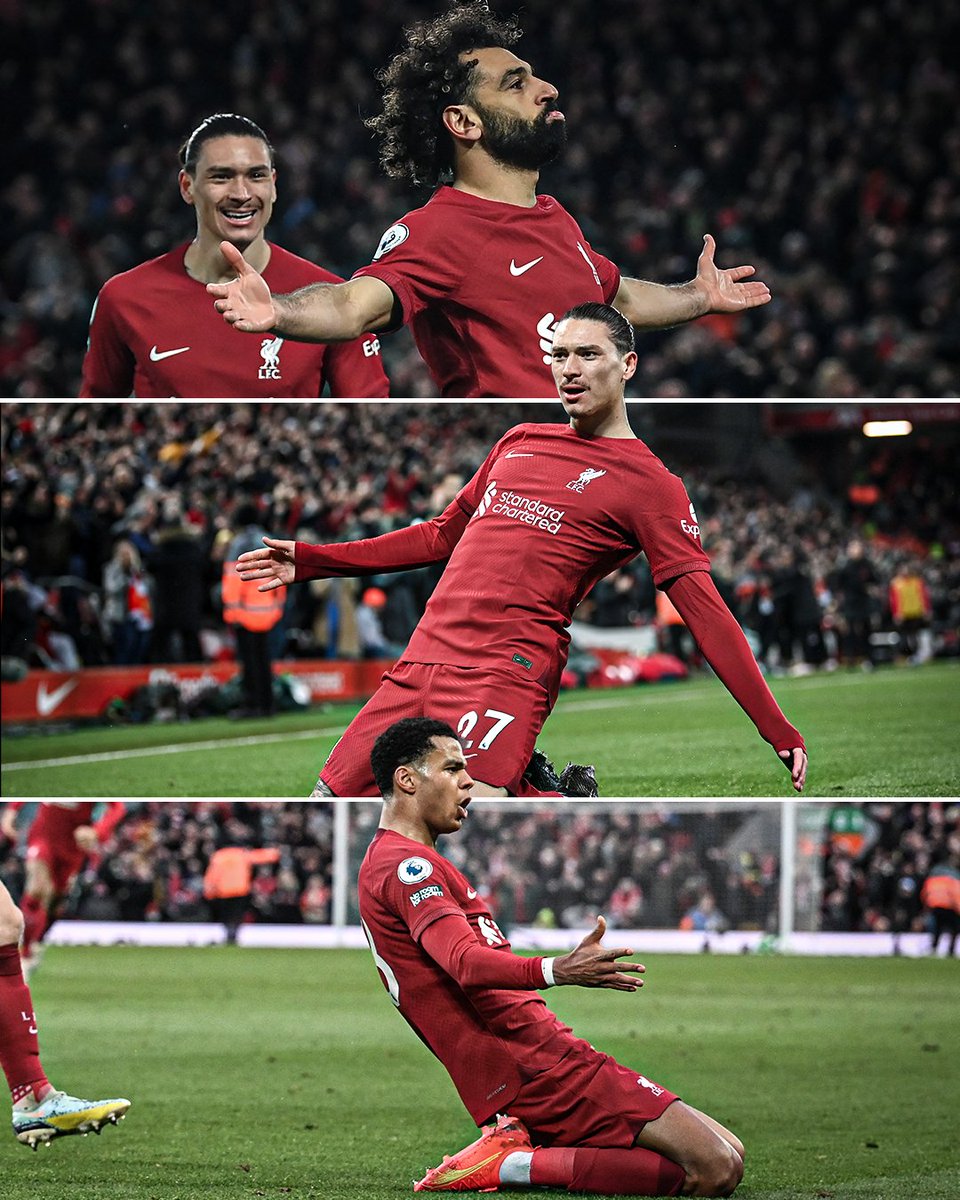 RisFootball's tweet photo. A day to remember for #LFC fans🔴

Nunez: ⚽️⚽️
Gakpo: ⚽️⚽️
Salah: 🤝⚽️⚽️🤝

THE NEW-LOOK LIVERPOOL FRONT THREE HAS ARRIVED 🔥

#LIVMUN https://t.co/48DGy8jieB