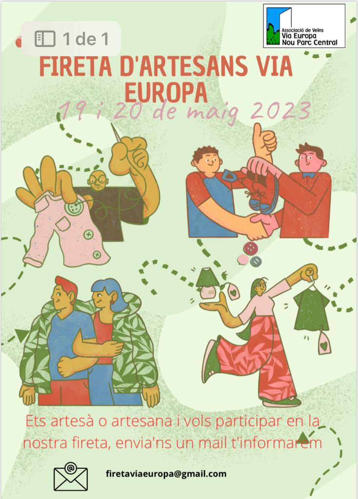 Vols participar a la fireta d'artesania de Via Europa? Serà els dies 19 i 20 de maig, durant les festes del barri.
Si hi estàs interessat, envia un correu a firetaviaeuropa@gmail.com i t'intormarem.
#fembarri #firaartesania #festesdelbarri <a href="/CulturaMataro/">Cultura Mataró</a> <a href="/visit_mataro/">Visit Mataró</a> <a href="/matarocat/">Ajuntament de Mataró</a>