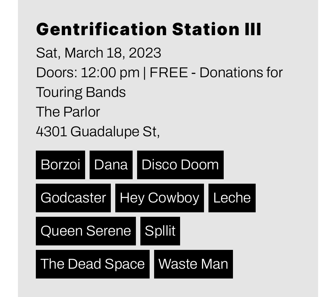 Borzoi and The Dead Space ; free matinee 3/18 at The Parlor <a href="/Borzoiatx/">Borzoi</a> <a href="/TheDeadSpace_/">The Dead Space</a>