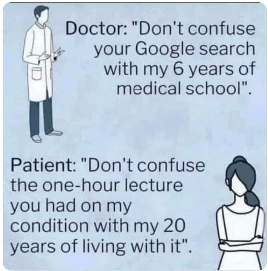 HumblyB's tweet photo. I have watched doctors perform a Google search to find answers to my questions, while I'm sitting in the office with them. I have also gone to school for years and learned how to do research and analyze the data that I've found. And I've also lived with my body for decades now. https://t.co/iLLwCGpKfU