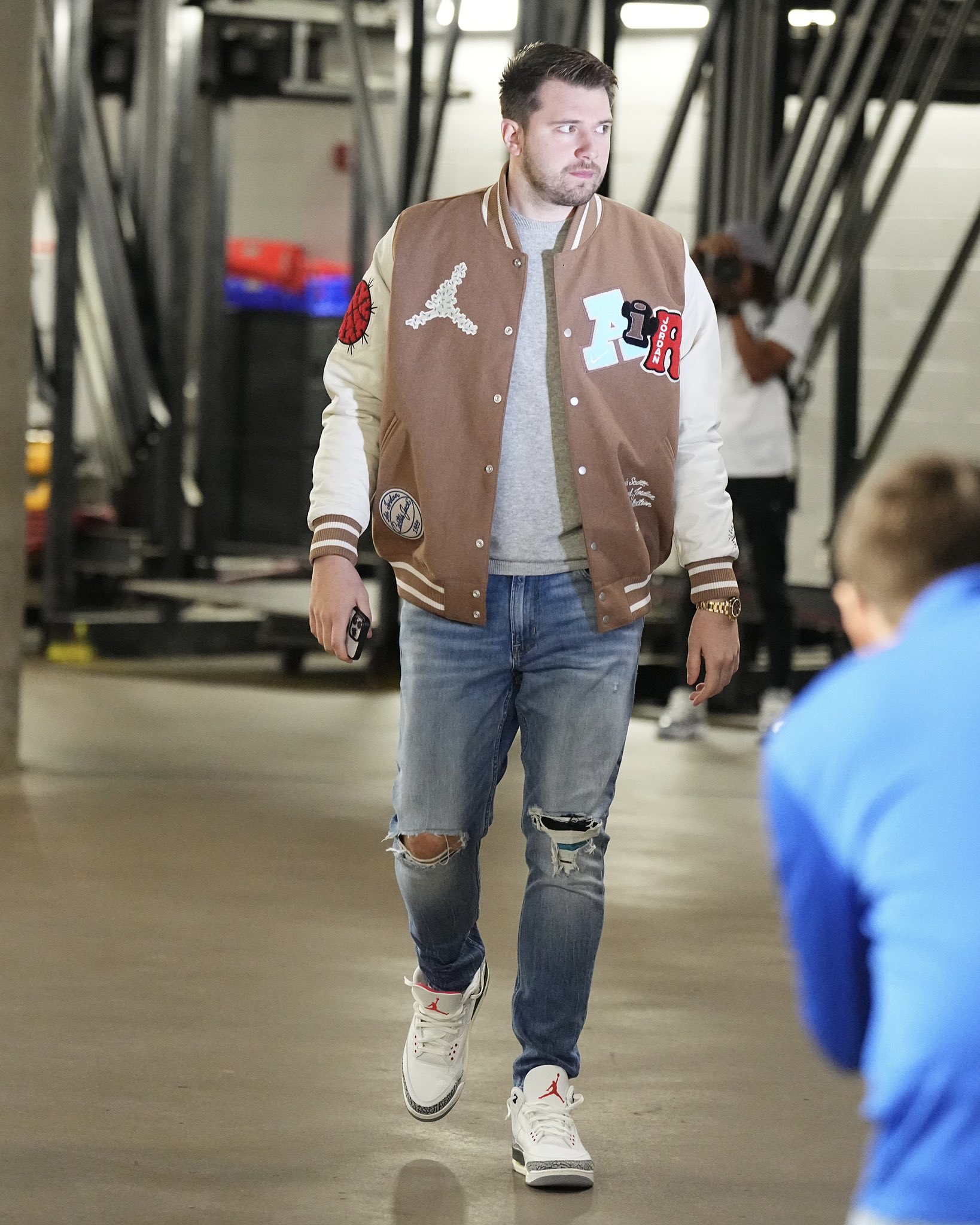 Complex Sneakers on X: .@Luka7Doncic pulled up in the Air Jordan 3 “White  Cement Reimagined” and Travis Scott varsity jacket.   / X