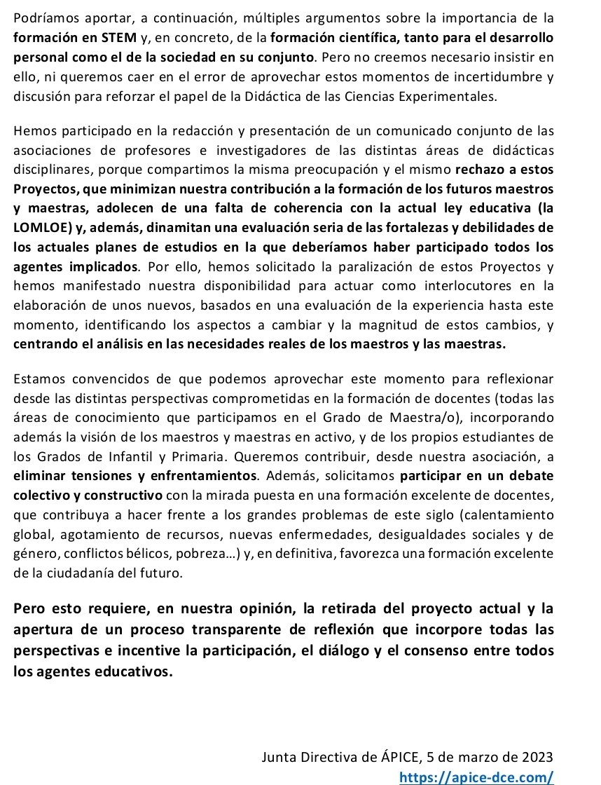 antonio_lorca's tweet photo. La Asociación Española de Profesores e Investigadores en Didáctica de las Ciencias Experimentales @ApiceDce se opone rotundamente a los Proyectos de planes de estudios para los Grados de Maestra/o en Educación Infantil y Educación Primaria @UniversidadGob https://t.co/dxVURKkbqi