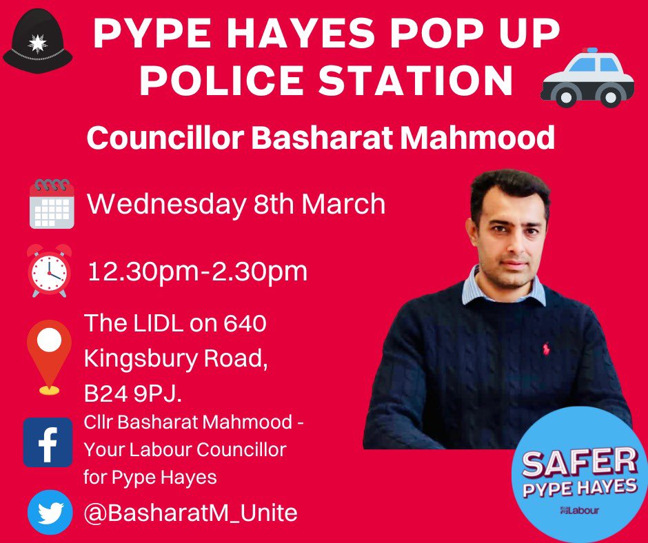 👮‍♂️ Reminder - Don’t forget! Pop up Police Station in Pype Hayes.

📍LIDL on 640 Kingsbury Road
🗓 Wednesday 8th March
🕙 12.30pm - 2.30pm 

Pop by to discuss with an officer any concerns you may have &amp; get the latest crime prevention advice.  

<a href="/LabourErdington/">Erdington Labour Party</a> <a href="/ErdingtonLabour/">Erdington Labour</a>