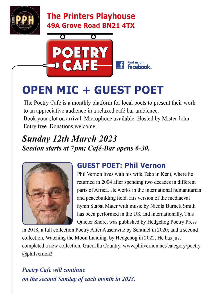 PoetryCafeEB's tweet photo. The one and only, @philvernon2 will grace us with his poetic mastery on Sunday the 12th March @PrintersPlayH It's going to be a great set. Come and join us for a beverage - or 2 - and perhaps sign up for the open mic, too! All are welcome!
#poetry #community #spokenword https://t.co/4ZlMYlcU3V