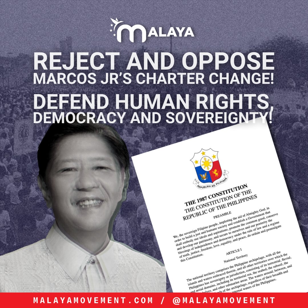 malaya_movement's tweet photo. REJECT AND OPPOSE MARCOS JR’S CHARTER CHANGE! DEFEND HUMAN RIGHTS, DEMOCRACY AND SOVEREIGNTY!
Read our full statement on Marcos Jr.'s push to revise the constitution: https://t.co/0WER0mHb9t
#notochacha #rejectmarcosduterte #rejectmarcos #notojeepneyphaseout #edsa37 https://t.co/ZRtGqIeEEt