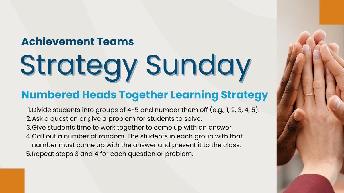 smventura's tweet image. Numbered Heads Together is a cooperative learning strategy in which students work in small groups to answer questions or solve problems. Try this strategy to encourage participation and teamwork in the classroom.

#strategysunday #learningstrategies #teachertwitter