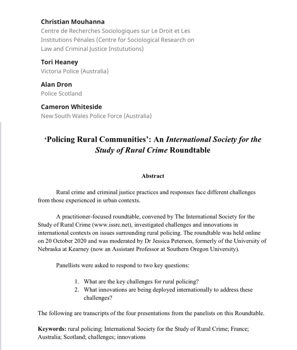 IJRuralCrim's tweet photo. The last #PartIRecap!
✅ In this #policy and #practice: note from the field, 4 #rural #police practitioners in Australia, Europe, and the UK discuss challenges and innovations in rural policing - from a @RuCrimSociety virtual roundtable.
See more: https://t.co/wX8nOyO1SG https://t.co/N05Xxa9vCN