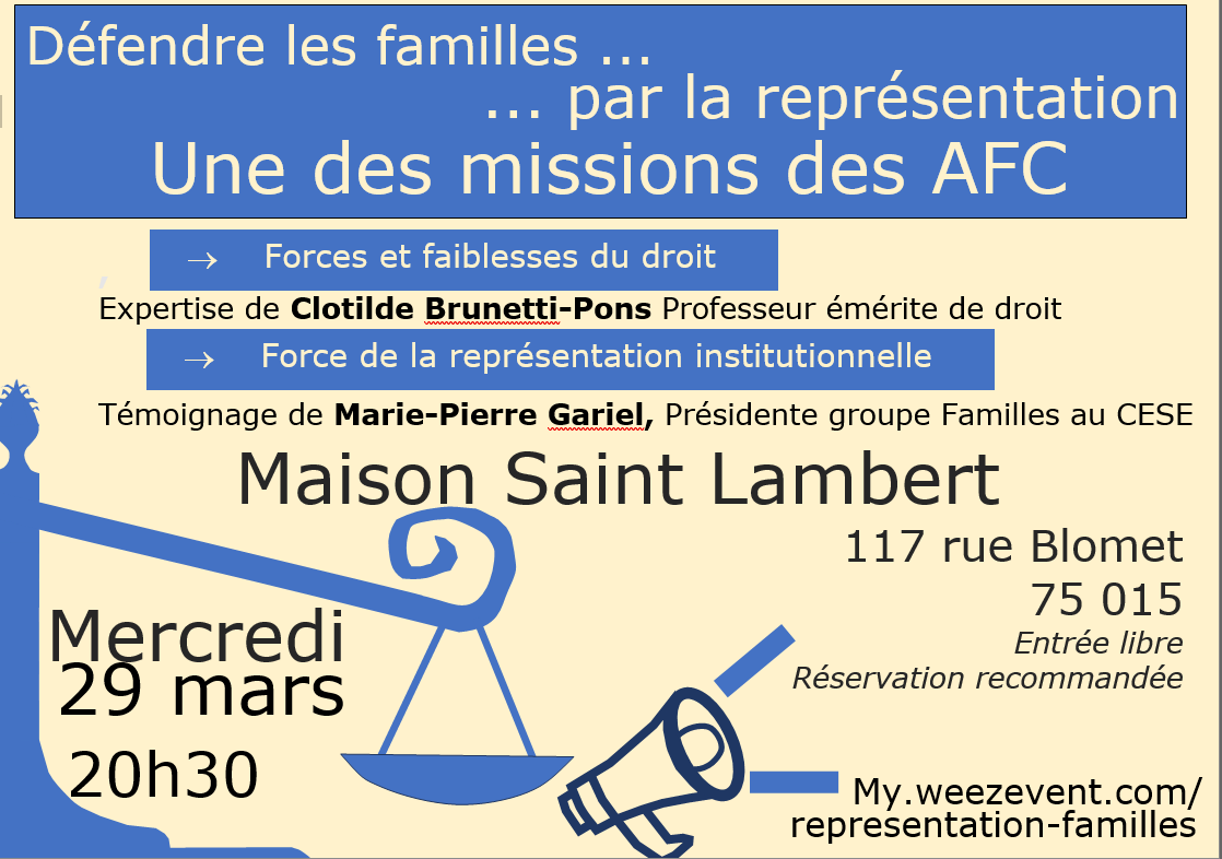 AFC_Vaugirard's tweet photo. La représentation des #familles, un service essentiel et une des missions des #AFC
@AFC_Vaugirard vous propose une soirée avec deux grands témoins : le professeur Clotilde Brunetti-Pons et @gariel_mpierre.
#Vaugirard #29_mars #solidarite https://t.co/DAbHUPJvqq