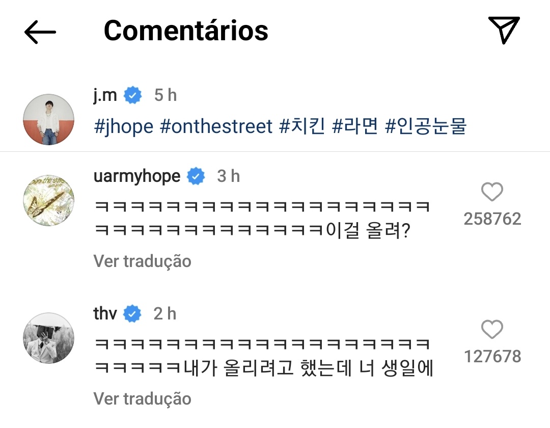 VBrasil_'s tweet image. [IG/j.m] Taehyung comentou na publicação do Jimin no Instagram.

🐥: #jhope #onthestreet #Frango #Ramen #LágrimasDeMentira

🐿: kkkkkkkkkkkkkkkkkkkkkk você postou isso?
🐯: kkkkkkkkkkkkkkk eu ia postar isso (vídeo) no seu aniversário.

#BTS #BTSV #뷔 @BTS_twt