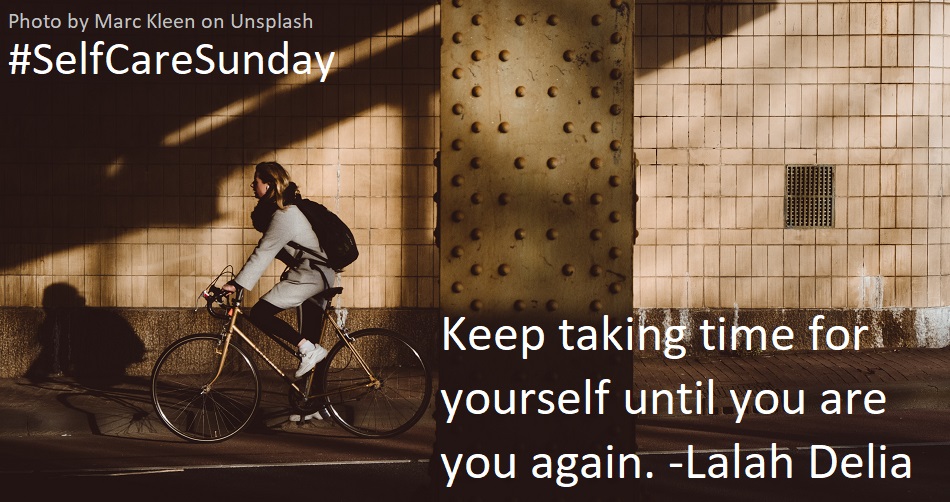 #SelfCareSunday 
#charity #fundraising #NonProfit
Photo by Marc Kleen, unsplash.com/@marckleen
[Image description: a person cycling through a dramatically lit tunnel, with quote from Lalah Delia, Keep taking time for yourself until you are you again.]