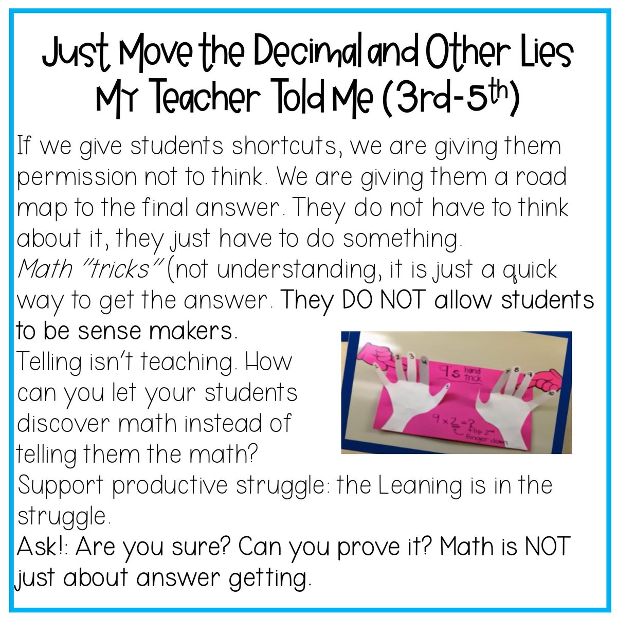 TaniaK1031's tweet image. A must-watch if you teach math. Math PD that reinforces real thinking and discovery...no tricks! Our kids do not need them. They need to struggle productively to make further math connections. 🙌🏽#stopthemathlies @alisonmellomath
@olivechapelelem #BuildMathMinds @BuildMathMinds