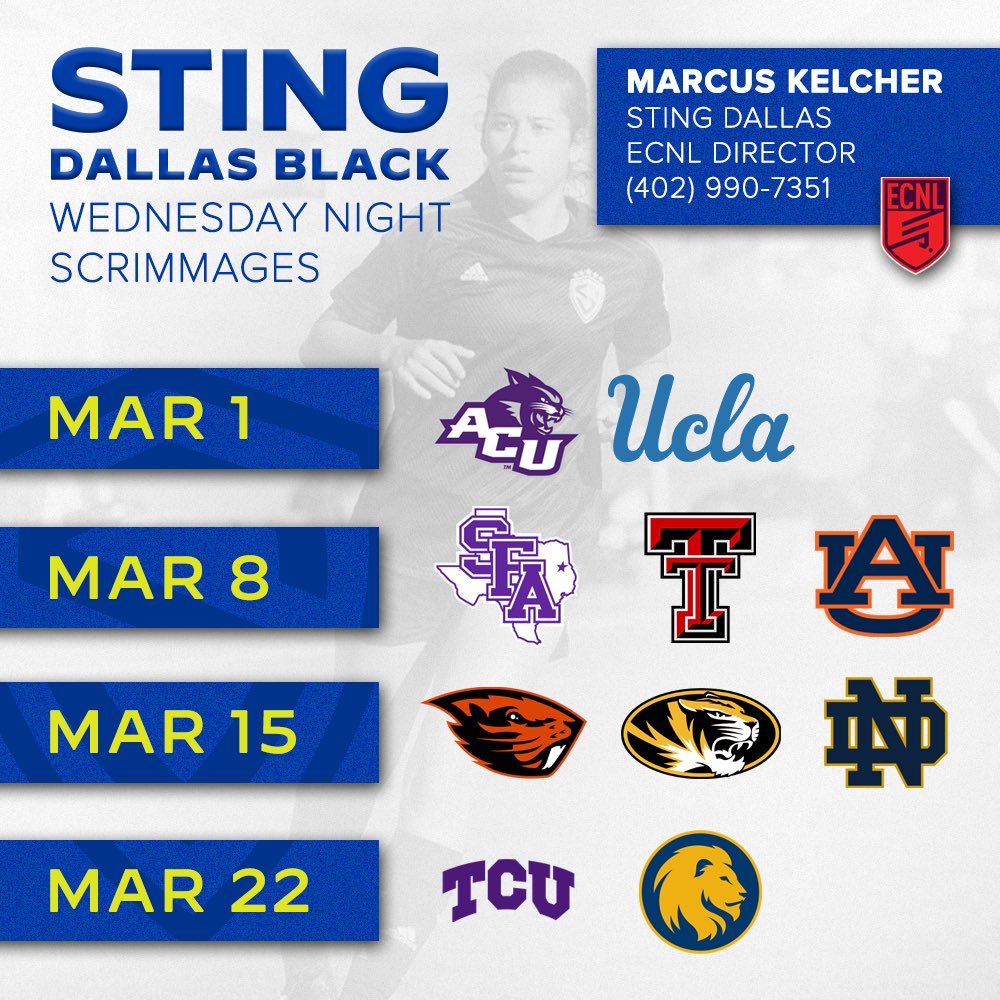 This week is going to be an exciting one as we welcome @TexasTechSoccer @AuburnSoccer and @SFA_Soccer to Dallas to observe our weekly Sting Dallas Black College Observation Nights. #StingBlack @StingSoccerClub @StingECNL06 @StingBlackRL @StingECNL04 @StingECNL07