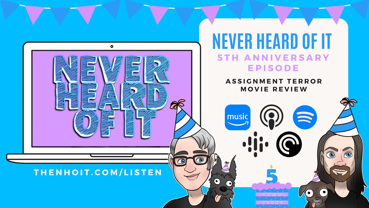 NightShiftMG's tweet photo. HAPPY 5TH ANNIVERSARY TO @TheNHOITPodcast!
To celebrate FIVE whole years of The Never Heard Of It Podcast, @TheMichaelFight and Bri are diving into a review of the movie #assignmentterror.
Listen and celebrate with them here: https://t.co/SDbjx4gJlo https://t.co/zUo71IucSA