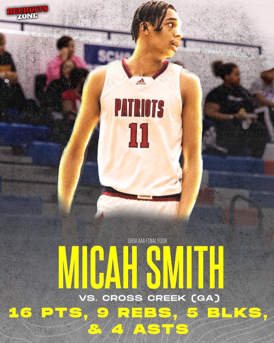 Top-150 2024 prospect Micah Smith had a big time performance in the GHSA AAA Final Four against Cross Creek (GA), finishing with 16 pts, 9 rebs, 5 blks, & 4 asts. Holds offers from Auburn, Cincinnati, Georgetown, Georgia Tech, Memphis, & more.