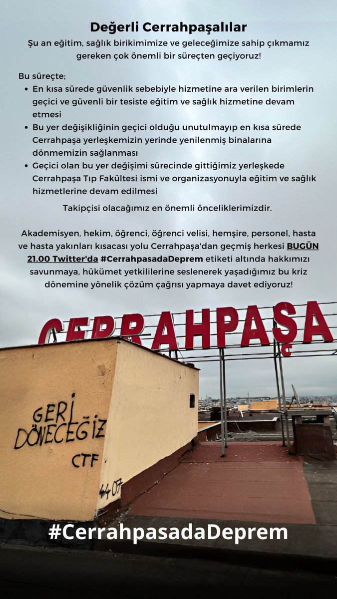 Cerrahpaşa herhangi bir bahaneye tutunmadan, kendi yerinde yeniden inşa edilmelidir!
#CerrahpasadaDeprem