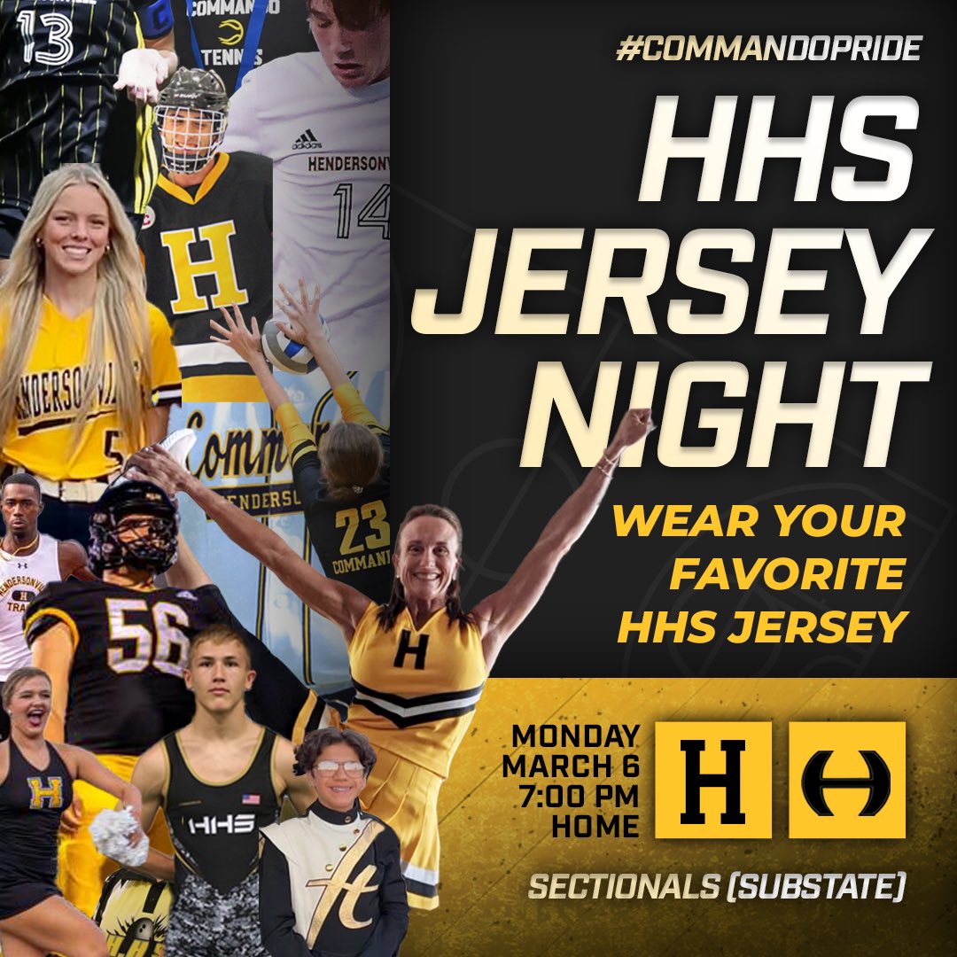 Calling all students, fans, and alumni to wear your favorite HHS jersey, uniform, or club t-shirt to the substate game on Monday night! Let’s fill the stands with black and gold and support our HHS Boys Basketball team as they play Hillsboro at 7:00 PM. #commandopride