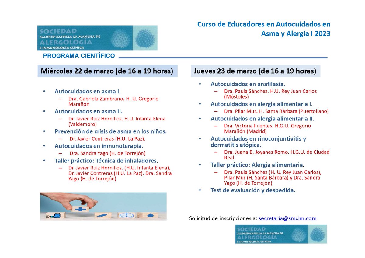 Próximamente: Curso de educadores en autocuidados en #asma y #alergia en <a href="/Hospital_FJD/">Fundación Jiménez Díaz</a>
<a href="/CAJMIR_SEAIC/">CAJMIR</a> <a href="/SEAIC_Alergia/">SEAIC</a>