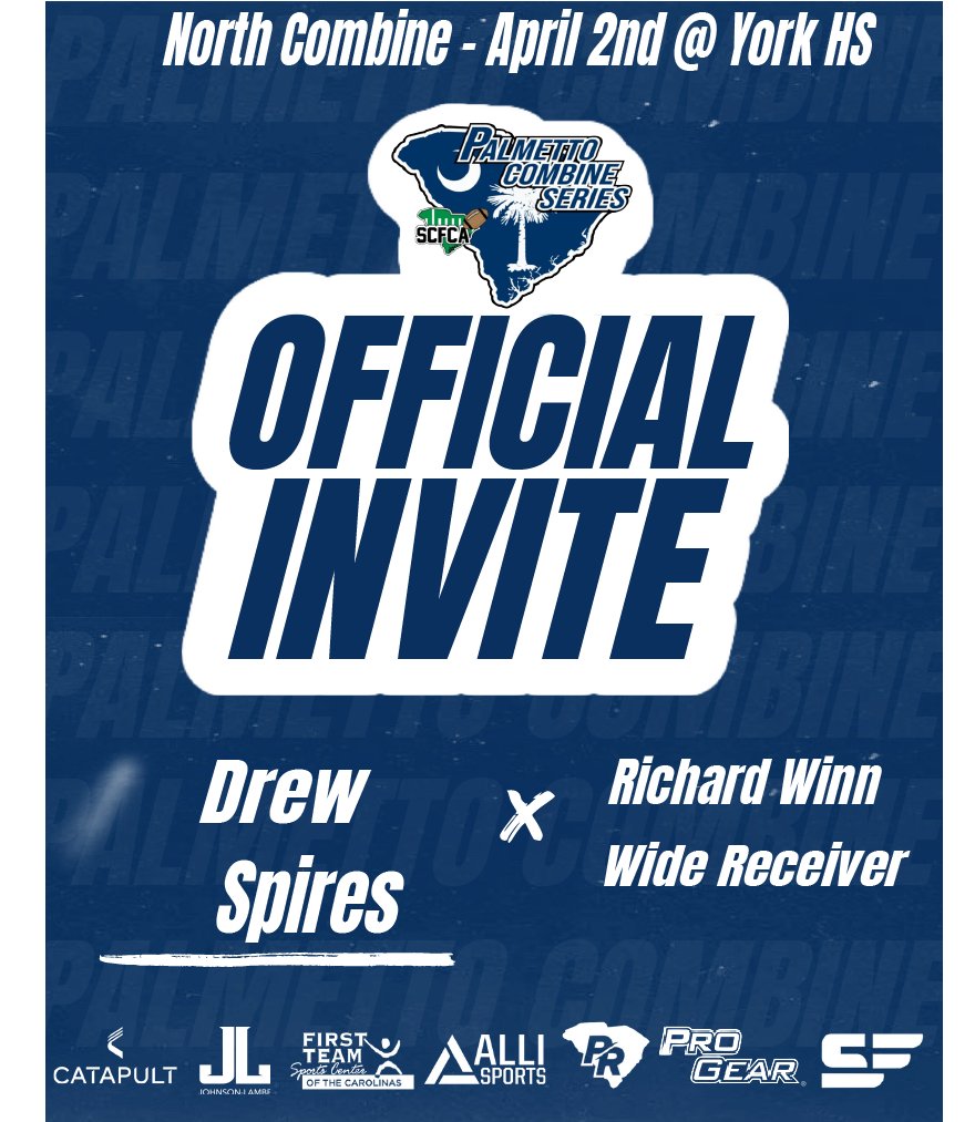 Congratulations on being selected to the Senior Palmetto Combine Series! See you in York on April 2nd at 8:30am

#Palmetto23 #Emailtofollow #NorthCombine

@spires_drew @PBrig3 @WinnFootball 

Pre-Register:
zfrmz.com/rShWE4wcaPYaGb…