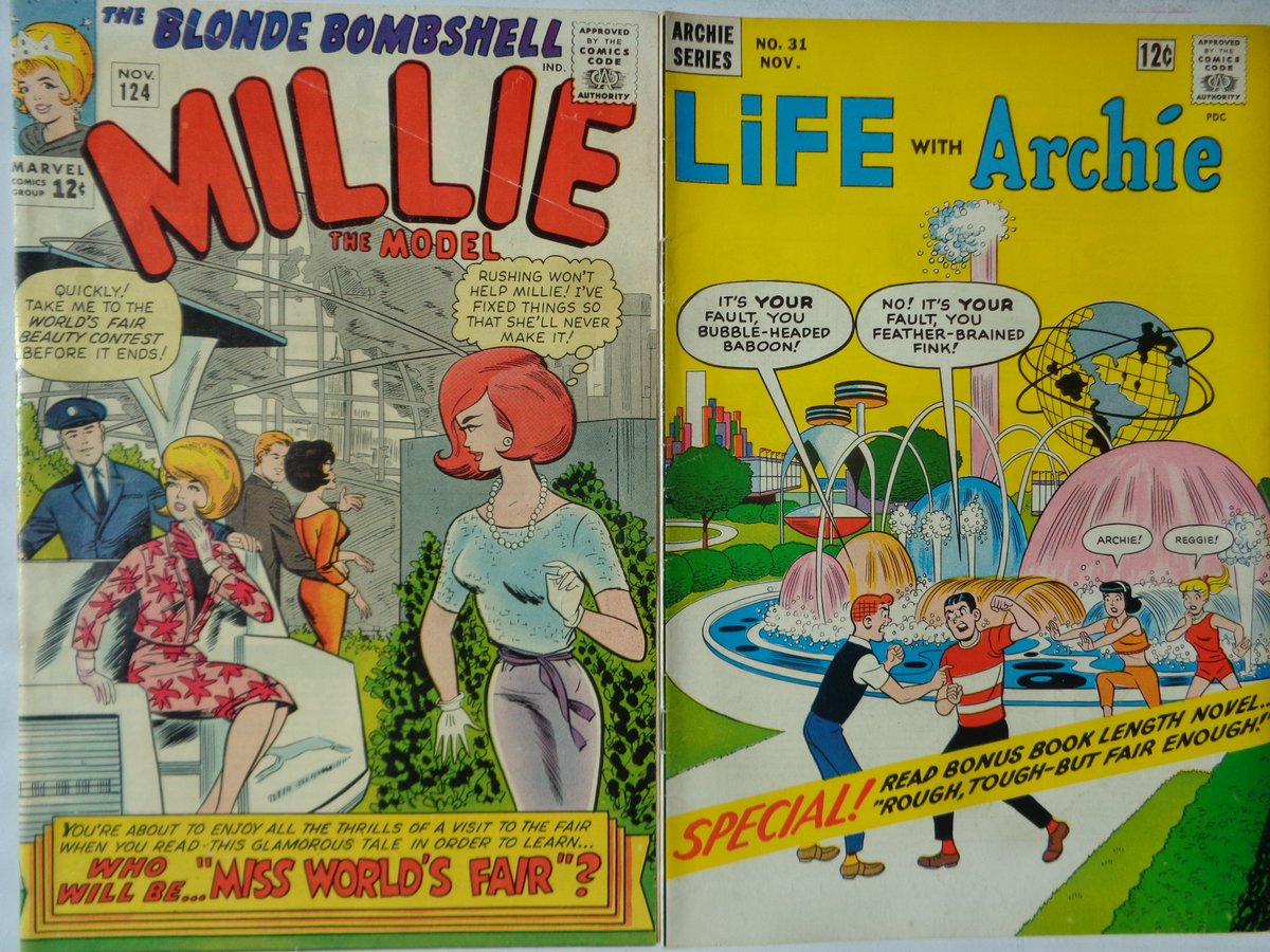 TWO comic books set at the 1964 New York World's Fair 
Millie the Model #124 (cover art by Stan Goldberg) 
Life With Archie #31 (cover art by Bob White) 
BOTH cover dated November 1964
#NewYorkWorldsFair