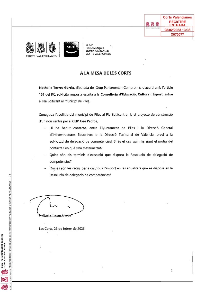 CompromisPiles's tweet image. Compromís per Piles  com a conseqüència de la poca informació que ens proporciona l&apos;ajuntament de Piles sobre el procés de construcció de l&apos;escola de Piles, hem hagut de preguntar a través de la nostra diputada Natalhie Torres, sobre l&apos;estat del projecte de l&apos;escola en el Pla.