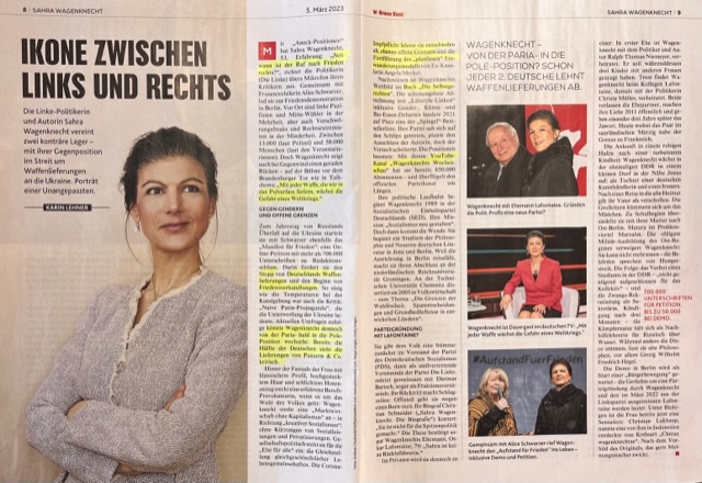 Wagenknecht --- was gibt´s da zu kritisieren? Welch eine verkehrte Welt.
Sind kolportierte 250 000 Tote im Ukraine-Krieg noch immer keine Rechtfertigung für rascheste Friedensforderungen? Ja, geht´s noch?