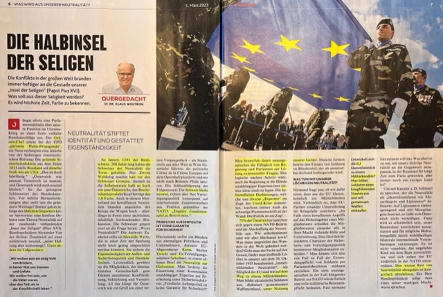 •Die Schweizer haben noch eine wirkliche Neutralität.
•Im Ösi-Land sind Verräter am Werk.
•Die EU wird so zum Militärbündnis.