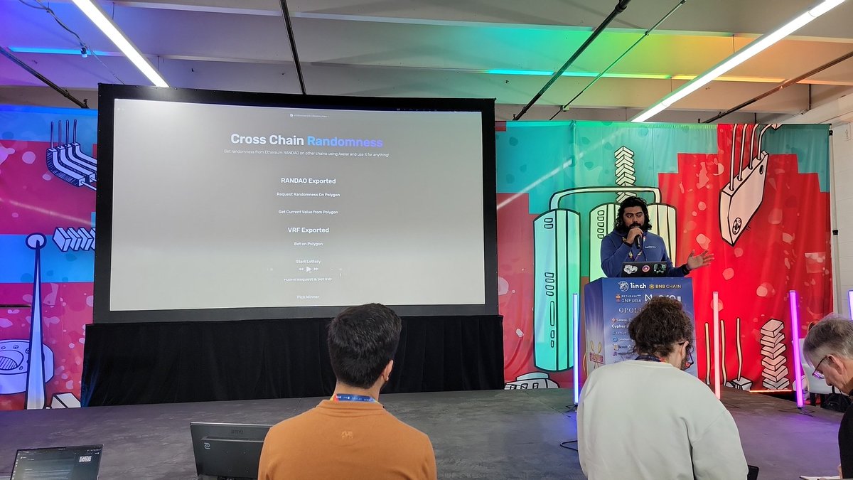 EthereumDenver's tweet photo. Check out CrossChain Randomness at the #Devtopia stage!

"Get randomness from Ethereum RANDAO on other chains using axelar and use it for anything! https://t.co/1qUJM5UaMS