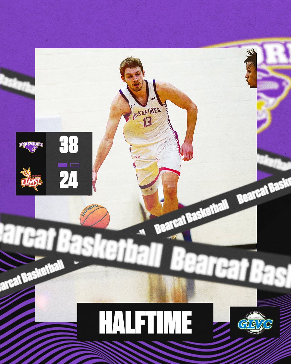 At halftime of the #GLVCmbb championship, @McKendreeHoops leads UMSL by 14! 🏀🐾

McK Stat Leaders: 
#13 Bryson Bultman - 16 pts 
#31 Milos Vicentic - 13 pts 

Team: FG - 68.2%, 3FG - 66.7% 
#BearcatsUnleashed