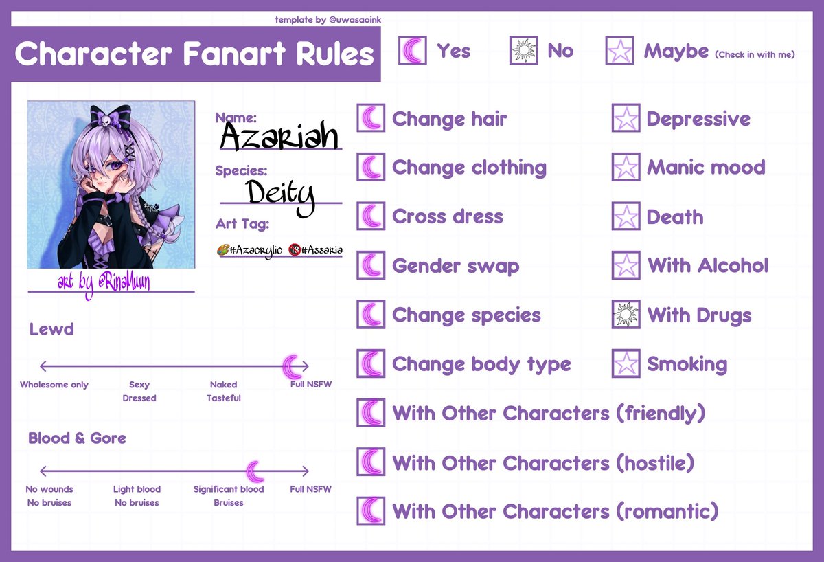 AzariahVt's tweet photo. I've been seeing these around so I wanted to make one!
I have like, no requirements for fanart cuz it just makes me so happy that people would even want to draw me😭💜
Anyway art tags are
°•🎨#Azacrylic 🔞#Assaria •°
⬇️Template link below!⬇️ https://t.co/0q6fPJAm8T