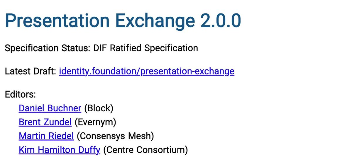 The Claims &amp; Credentials Working Group at DIF is excited to announce the release of the Presentation Exchange (PE) v2 specification. 

Annoucement:
blog.identity.foundation/presentation-e… 

Spec: 
identity.foundation/presentation-e…