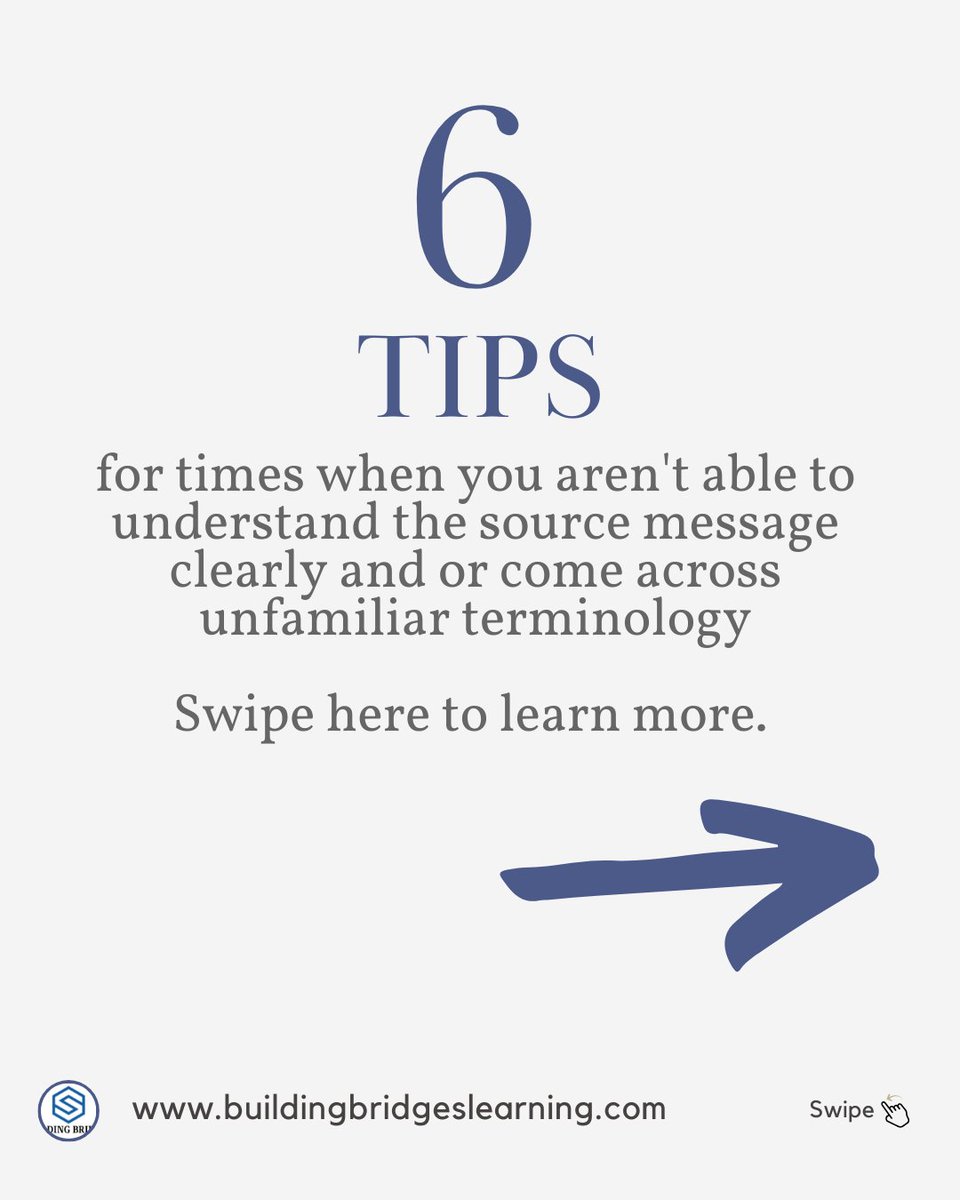 slwheeler81's tweet image. Six TIPS for times when you aren't able to understand the source message clearly and or come across unfamiliar terminology.  Swipe here to learn more.  #interpretingtips #professionaltips #communication #interpretingstrategies #terminology #interpretingchallenges