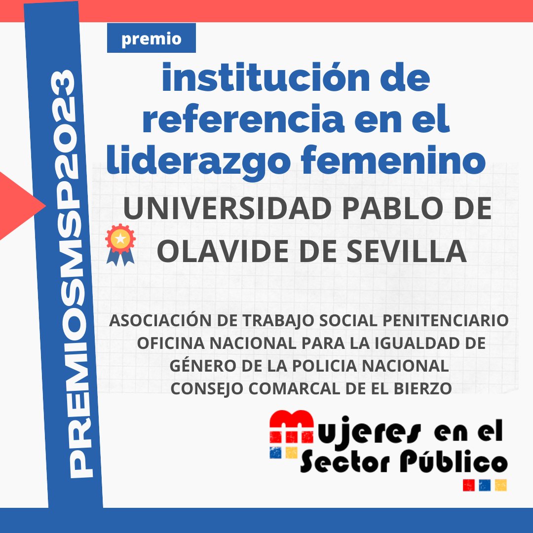 MujeresSP's tweet photo. 🏆 #premiosMSP2023

Ahora anunciamos el premio a la INSTITUCIÓN DE REFERENCIA EN EL LIDERAZGO FEMENINO a la Universidad Pablo de Olavide @pablodeolavide   👏🏻👏🏻 

Finalistas
🥇Asociación de trabajo social penitenciario
🥈Policía Nacional
🥉Consejo Comarcal de El Bierzo https://t.co/SHx7P49bPK