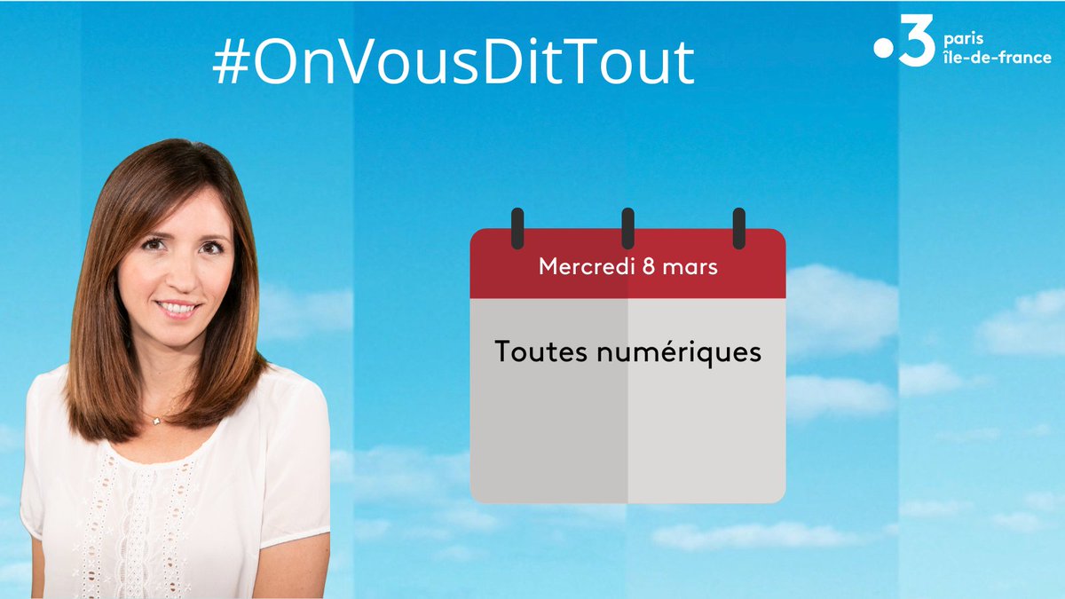 France 3 Paris/Ile-de-France (@france3paris) on Twitter photo ⏩⏩ #OnVousDitTout
👩💼 Toutes numériques
Aujourd'hui
<a href="/JulieJacquard/">Julie Jacquard</a> reçoit Emmanuelle Laroque
<a href="/SocialBuilder/">Social Builder</a> <a href="/FemmesNumerique/">Femmes@Numérique</a>
Envoyez-nous vos questions
➡ onvousdittout@francetv.fr
📅 Du lundi au Jeudi à 11h50
⏪ bit.ly/ftv-11H50
#féminisation #numérique ⏩⏩ #OnVousDitTout
👩💼 Toutes numériques
Aujourd'hui
<a href="/JulieJacquard/">Julie Jacquard</a> reçoit Emmanuelle Laroque
<a href="/SocialBuilder/">Social Builder</a> <a href="/FemmesNumerique/">Femmes@Numérique</a>
Envoyez-nous vos questions
➡ onvousdittout@francetv.fr
📅 Du lundi au Jeudi à 11h50
⏪ bit.ly/ftv-11H50
#féminisation #numérique