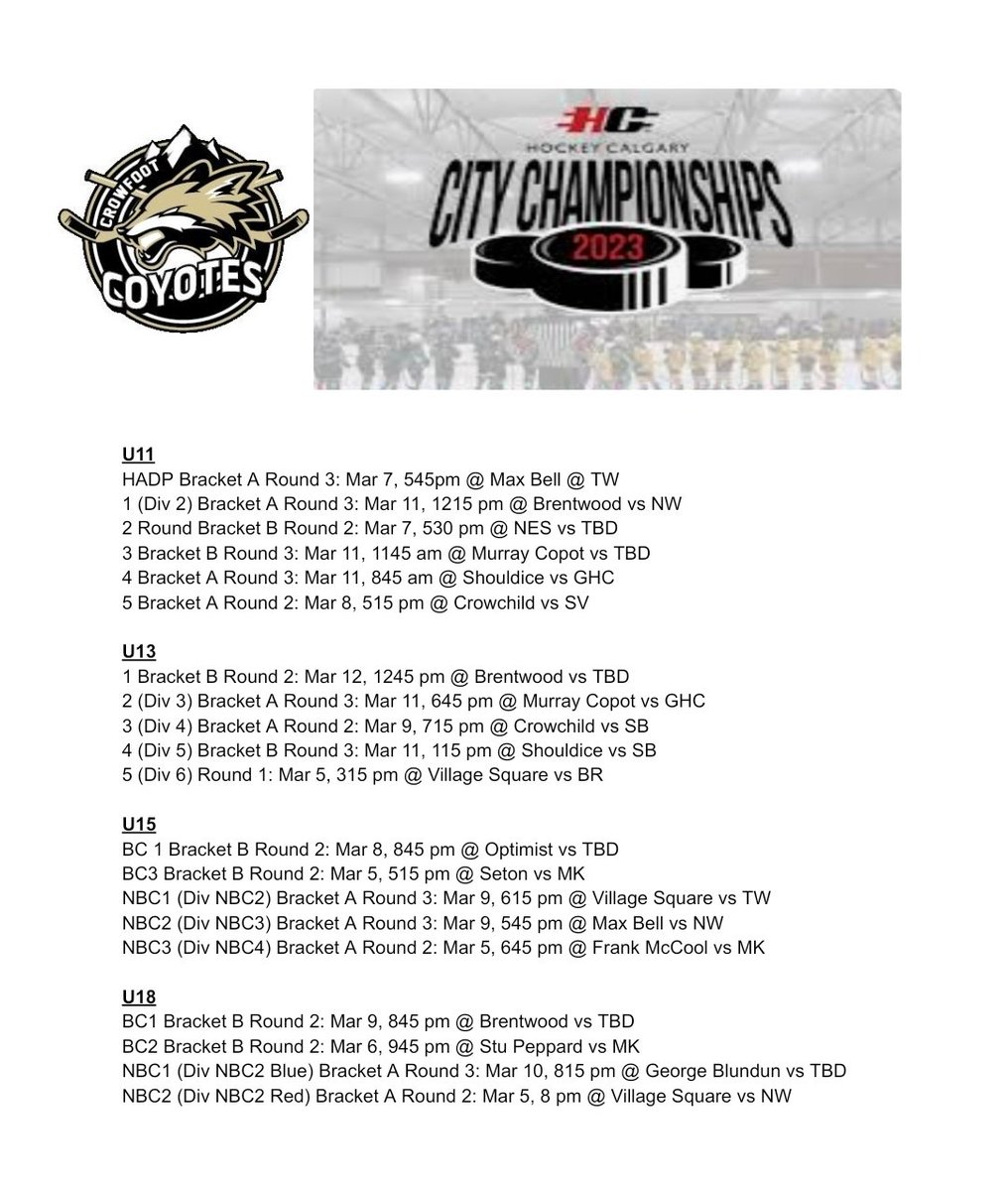 GOOD LUCK TO ALL OUR TEAMS! Go cheer them on! <a href="/hockeycalgary/">Hockey Calgary</a>
#GoCoyotesGo
#Crowfoothockey 
#CityChampionships 
#yychockey
#2023Cities
#2023CityChampionship