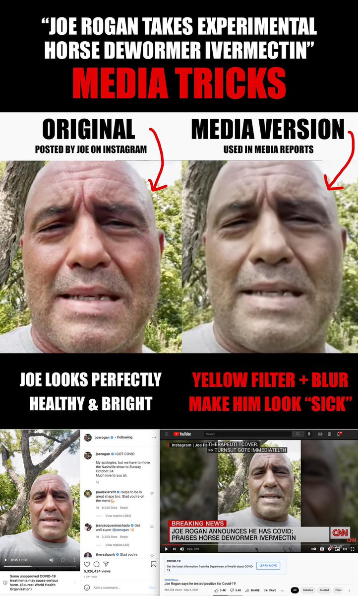 🧵Never forget when CNN, ABC and other media outlets intentionally used a blurry, yellow filter to make Joe Rogan appear to look sick after he fully recovered from Covid-19 by using Ivermectin and other non-Big Pharma remedies.

They truly are the enemy of the people...