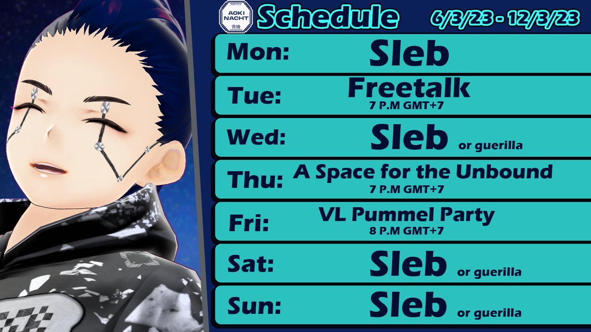 7810Aoki's tweet photo. We go back to scheduling!!!!!!!
Hashtags:
【General】: #Aoki_Nacht
【LIVE】 : #Night_Live
【Fan Name】: #Aokids ⚙
【Fanart】: #Nacht_Art
【MEME】: #Imbluebadabee
【Announcement】: #Synthfo
#Night_Live #Synthfo #VtuberID #Vtuber #VtuberUprisings https://t.co/KESzrL5Or2