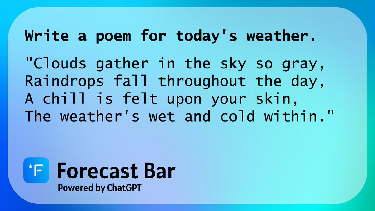 ForecastBarApp's tweet photo. Forecast Bar now brings the power of ChatGPT to a rock-solid weather app with 10 years of history. Ask *anything* about the weather forecast and be amazed. https://t.co/S86iTrwLrC https://t.co/t9bbaPnY4M