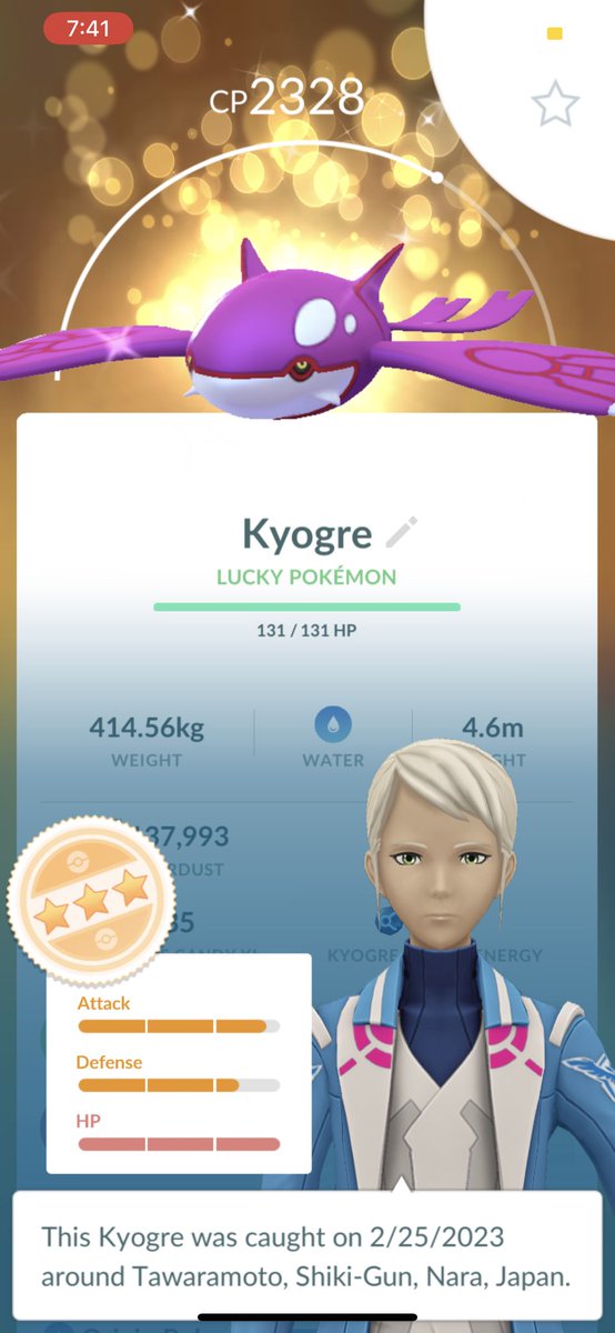 LemynTwistt's tweet photo. Lucky traded with my cousin after work yesterday. 2nd one with him within a few month time span!!!!! Definitely a sweet lucky shiny to have. Good IVs as well 🐳🌸

#kyogre #primalraid #primal #shinypokemon #pokemongo #pogo #luckytrade #luckypokemon #pokemongofriend #niantic https://t.co/bgOXageGw4