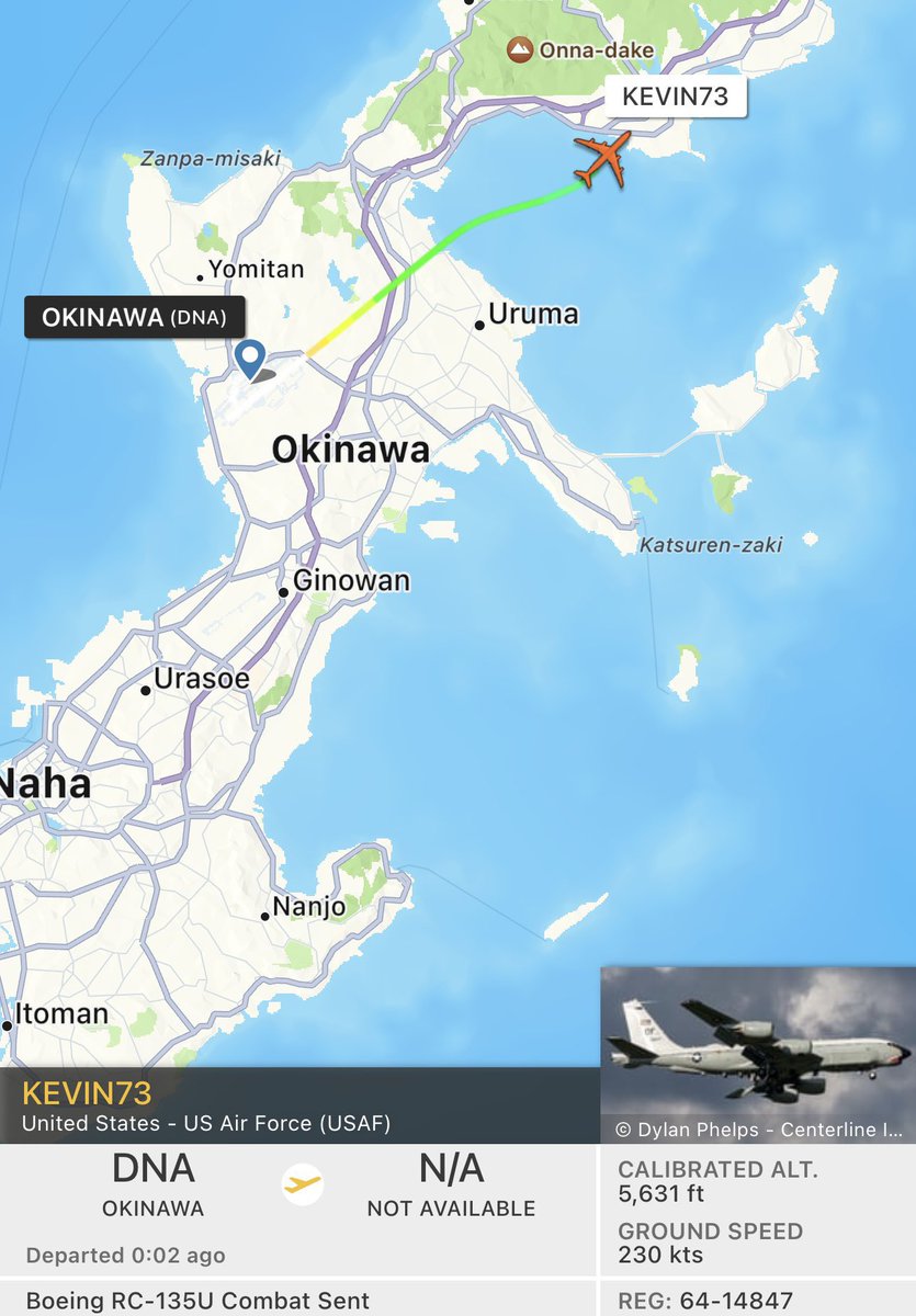 ÚLTIMA HORA: El avión de combate RC-135 de la Fuerza Aérea de EE.UU “KEVIN73” ha despegado de la base aérea de Japón en dirección a Corea. Dichos aviones de vigilancia suelen ser indicativos de un próximo lanzamiento de misiles balísticos desde Corea del Norte. - OSINTDefensor
