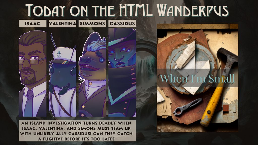LockstitchRPG's tweet photo. Tonight on the #HTMLWanderpus Interactive TTRPG:
An island investigation turns deadly when Isaac, Valentina, and Simons must team up with some unlikely allies! Can they catch a fugitive before it's too late??
#actualplay #ttrpg #tabletop https://t.co/jdIkGdPl7r